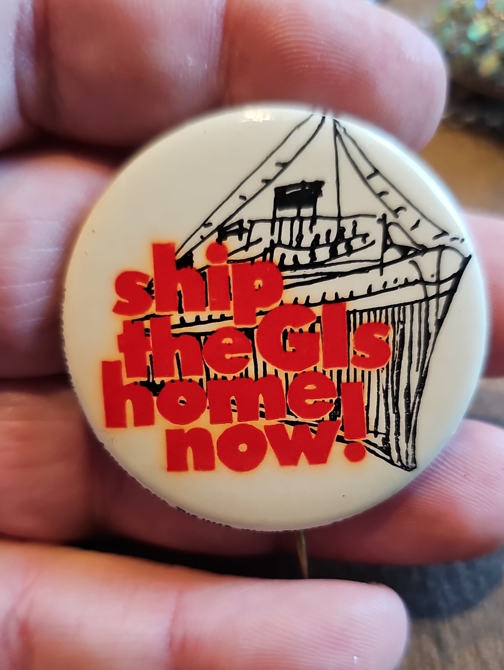 60s Vintage 'Ship the GIs Home Now!' Political Button - Red on White